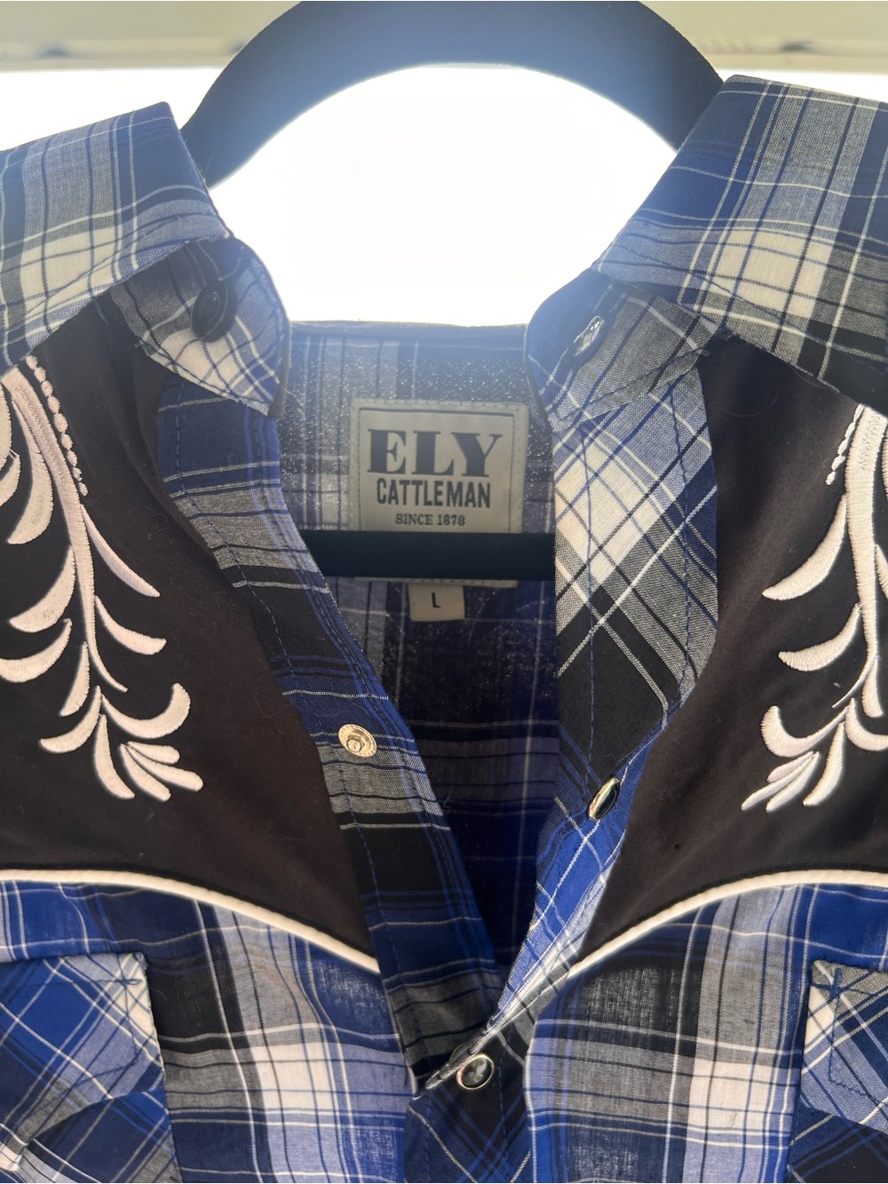 Ely Cattleman Blue, Black and White Plaid Western Shirt with Embroidered Yoke - Picture 2 of 4